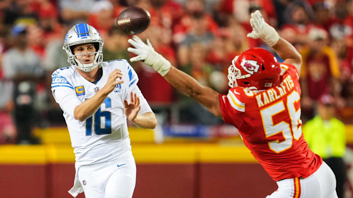 Sep 7, 2023; Kansas City, Missouri, USA; Detroit Lions quarterback Jared Goff (16) throws a pass against Kansas City Chiefs defensive end George Karlaftis (56) during the second half at GEHA Field at Arrowhead Stadium. Mandatory Credit: Jay Biggerstaff-Imagn Images Sep 7, 2023; Kansas City, Missouri, USA; Detroit Lions quarterback Jared Goff (16) throws a pass against Kansas City Chiefs defensive end George Karlaftis (56) during the second half at GEHA Field at Arrowhead Stadium. Mandatory Credit: Jay Biggerstaff-Imagn Images