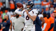 Aug 26, 2023; Denver, Colorado, USA; Denver Broncos quarterback Ben DiNucci (6) warms up before the game against the Los Angeles Rams at Empower Field at Mile High. Mandatory Credit: Isaiah J. Downing-USA TODAY Sports