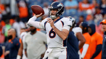 Aug 26, 2023; Denver, Colorado, USA; Denver Broncos quarterback Ben DiNucci (6) warms up before the game against the Los Angeles Rams at Empower Field at Mile High. Mandatory Credit: Isaiah J. Downing-USA TODAY Sports