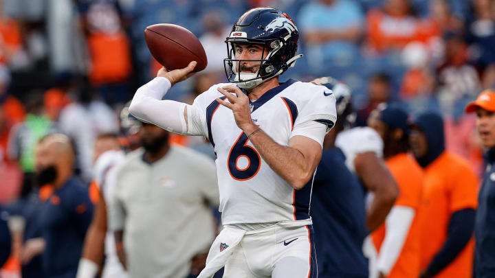 Aug 26, 2023; Denver, Colorado, USA; Denver Broncos quarterback Ben DiNucci (6) warms up before the game against the Los Angeles Rams at Empower Field at Mile High. Mandatory Credit: Isaiah J. Downing-USA TODAY Sports