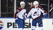 Jan 26, 2025; New York, New York, USA;  Colorado Avalanche defenseman Cale Makar (8) celebrates with left wing Jonathan Drouin (27) after scoring a goal in the first period against the New York Rangers at Madison Square Garden. Mandatory Credit: Wendell Cruz-Imagn Images