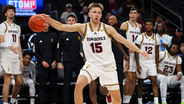 Dec 6, 2025; Phoenix, Arizona, USA; Arizona State University Sun Devils guard Noah Meeusen (15) dribbles the ball against Oklahoma University Sooners at PHX Arena. Mandatory Credit: Anna Carrington-Imagn Images