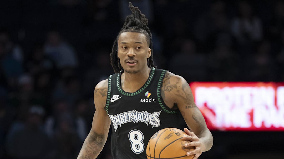Dec 14, 2025; Minneapolis, Minnesota, USA; Minnesota Timberwolves guard Bones Hyland (8) dribbles the ball against the Sacramento Kings in the first half at Target Center. Mandatory Credit: Jesse Johnson-Imagn Images Dec 14, 2025; Minneapolis, Minnesota, USA; Minnesota Timberwolves guard Bones Hyland (8) dribbles the ball against the Sacramento Kings in the first half at Target Center. Mandatory Credit: Jesse Johnson-Imagn Images
