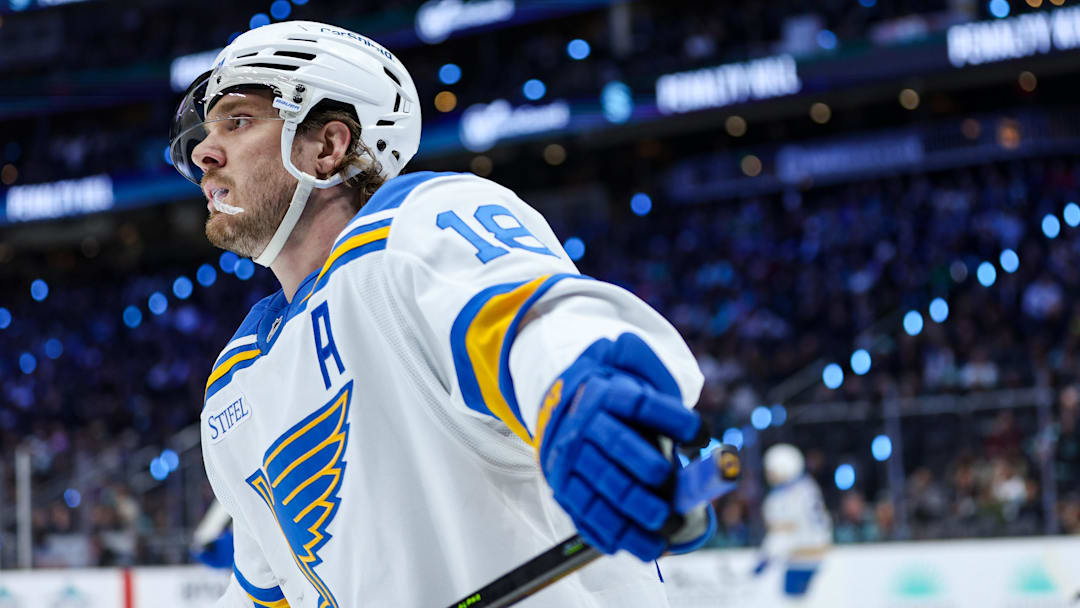 Mar 4, 2026; Seattle, Washington, USA; St. Louis Blues center Robert Thomas (18) looks on in first period against the Seattle Kraken at Climate Pledge Arena. Mandatory Credit: Kevin Ng-Imagn Images