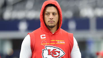 Nov 27, 2025; Arlington, Texas, USA; Kansas City Chiefs quarterback Patrick Mahomes (15) walks on the field prior to the game against the Dallas Cowboys at AT&T Stadium. Mandatory Credit: Kevin Jairaj-Imagn Images