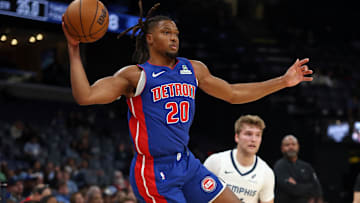 Oct 6, 2025; Memphis, Tennessee, USA; Detroit Pistons guard Chaz Lanier (20) : Petre Thomas-Imagn Images