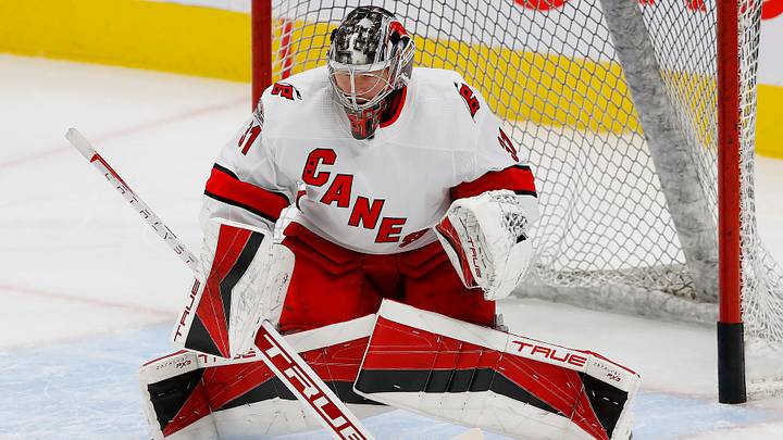 Oct 20, 2022; Edmonton, Alberta, CAN; Carolina Hurricanes goaltender Frederik Andersen makes a save against the Edmonton Oilers. Mandatory Credit: Perry Nelson-USA TODAY Sports