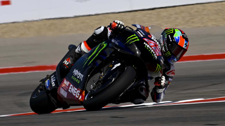 Apr 12, 2024; Austin, TX, USA; Alex Rins (42) of Spain and Monster Energy Yamaha MotoGP during practice for the MotoGP Grand Prix of the Americas at Circuit of The Americas. Mandatory Credit: Jerome Miron-USA TODAY Sports