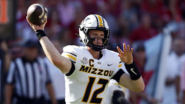 Oct 26, 2024; Tuscaloosa, Alabama, USA;  Missouri Tigers quarterback Brady Cook (12) throws a pass during the first half against the Alabama Crimson Tide at Bryant-Denny Stadium. Mandatory Credit: Butch Dill-Imagn Images