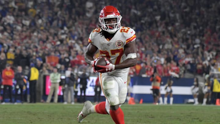 Nov 19, 2018; Los Angeles, CA, USA; Kansas City Chiefs running back Kareem Hunt (27) carries the ball against the Los Angeles Rams at the Los Angeles Memorial Coliseum. Mandatory Credit: Kirby Lee-Imagn Images