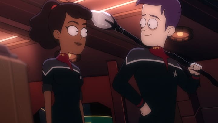 “Crisis Point 2: Paradoxus" - Ep#308-- Tawny Newsome as Ensign Beckett Mariner and Jack Quaid as Ensign Brad Boimler in STAR TREK: LOWER DECKS streaming on Paramount+ series . Photo: PARAMOUNT+ ©2022 CBS Interactive, Inc. All Rights Reserved **Best Possible Screen Grab**