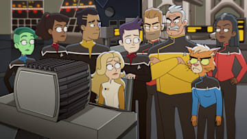 “Crisis Point 2: Paradoxus" - Ep#308-- Noel Wells as Ensign Tendi, Tawny Newsome as Ensign Beckett Mariner, Eugene Cordero as Ensign Rutherford, Jack Quaid as Ensign Brad Boimler, Jerry O'Conell as Commander Ransom, Fred Tatasciore as Lieutenant Shaxs, Gillian Vigman as Doctor T'Ana and Dawnn Lewis as Captain Carol Freeman in STAR TREK: LOWER DECKS streaming on Paramount+ series . Photo: PARAMOUNT+ ©2022 CBS Interactive, Inc. All Rights Reserved **Best Possible Screen Grab**