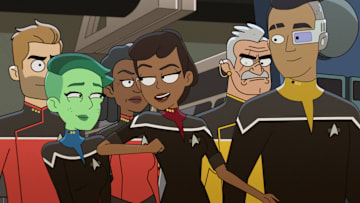 “Crisis Point 2: Paradoxus" - Ep#308--Jerry O'Conell as Commander Ransom, Noel Wells as Ensign Tendi, Dawnn Lewis as Captain Carol Freeman, Tawny Newsome as Ensign Beckett Mariner, Fred Tatasciore as Lieutenant Shaxs and Eugene Cordero as Ensign Rutherford in the Paramount+ series STAR TREK: LOWER DECKS. Photo: PARAMOUNT+ ©2022 CBS Interactive, Inc. All Rights Reserved **Best Possible Screen Grab**