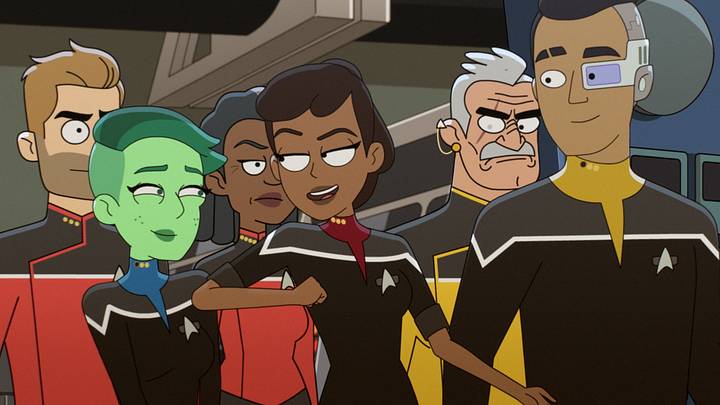 “Crisis Point 2: Paradoxus" - Ep#308--Jerry O'Conell as Commander Ransom, Noel Wells as Ensign Tendi, Dawnn Lewis as Captain Carol Freeman, Tawny Newsome as Ensign Beckett Mariner, Fred Tatasciore as Lieutenant Shaxs and Eugene Cordero as Ensign Rutherford in the Paramount+ series STAR TREK: LOWER DECKS. Photo: PARAMOUNT+ ©2022 CBS Interactive, Inc. All Rights Reserved **Best Possible Screen Grab**