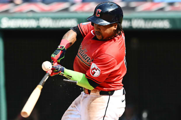 Jose Ramirez swings at a pitch. 