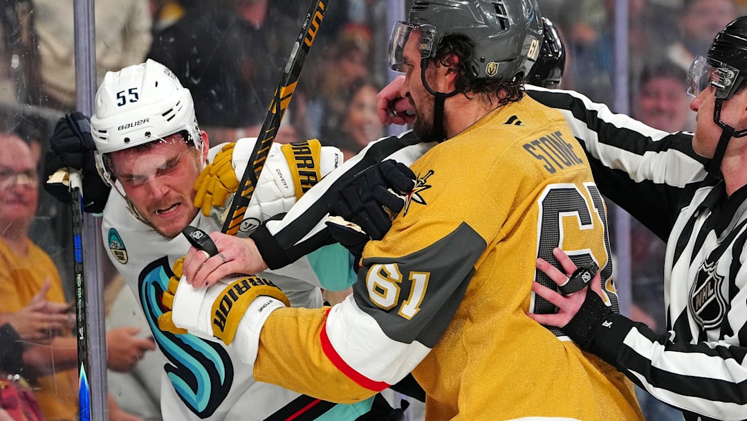 Jan 31, 2026; Las Vegas, Nevada, USA; Vegas Golden Knights right wing Mark Stone (61) grabs Seattle Kraken defenseman Ryan Lindgren (55) during the third period at T-Mobile Arena. Mandatory Credit: Stephen R. Sylvanie-Imagn Images Jan 31, 2026; Las Vegas, Nevada, USA; Vegas Golden Knights right wing Mark Stone (61) grabs Seattle Kraken defenseman Ryan Lindgren (55) during the third period at T-Mobile Arena. Mandatory Credit: Stephen R. Sylvanie-Imagn Images