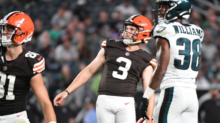 Aug 17, 2023; Philadelphia, Pennsylvania, USA;Cleveland Browns place kicker Cade York (3) misses field goal attempt against the Philadelphia Eagles during the fourth quarter at Lincoln Financial Field. Mandatory Credit: Eric Hartline-USA TODAY Sports