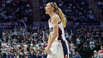 Jan 19, 2025; Storrs, Connecticut, USA; UConn Huskies guard Paige Bueckers (5) reacts after a basket against the Seton Hall Pirates in the second half at Harry A. Gampel Pavilion. Mandatory Credit: David Butler II-Imagn Images