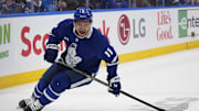May 5, 2025; Toronto, Ontario, CAN; Toronto Maple Leafs forward Max Domi (11) reacts after his scoring chance against the Florida Panthers during the third period of the second round of the 2025 Stanley Cup Playoffs at Scotiabank Arena. Mandatory Credit: John E. Sokolowski-Imagn Images