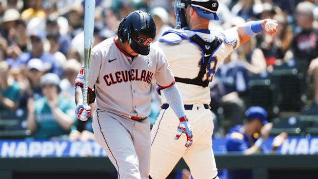 José Ramírez (11) reacts after striking out