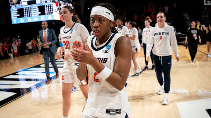 Illinois guard Destiny Jackson (2) celebrates defeating Colorado in the first round of the NCAA college basketball tournament at Memorial Gym in Nashville, Tenn., Saturday, March 21, 2026.