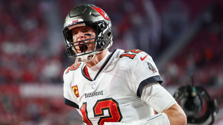 Jan 16, 2023; Tampa, Florida, USA; Tampa Bay Buccaneers quarterback Tom Brady (12) takes the field before a wild card game against the Dallas Cowboys at Raymond James Stadium. Mandatory Credit: Nathan Ray Seebeck-USA TODAY Sports