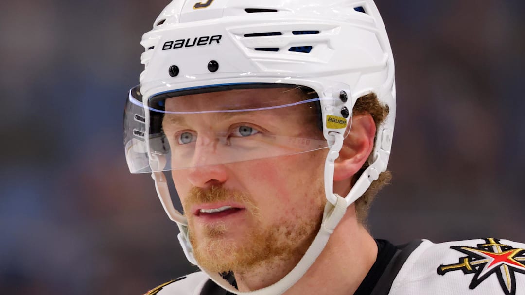 Mar 15, 2025; Buffalo, New York, USA;  Vegas Golden Knights center Jack Eichel (9) during a stoppage in play against the Buffalo Sabres at KeyBank Center. Mandatory Credit: Timothy T. Ludwig-Imagn Images