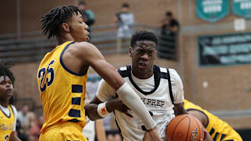 Jan 4, 2025; Gilbert, AZ, USA; Utah Prep Academy forward AJ Dybantsa (3) against Faith Family Academy (TX) forward Davion Adkins (25) during the Hoophall West High School Invitational at Highland High School. Mandatory Credit: Mark J. Rebilas-Imagn Images