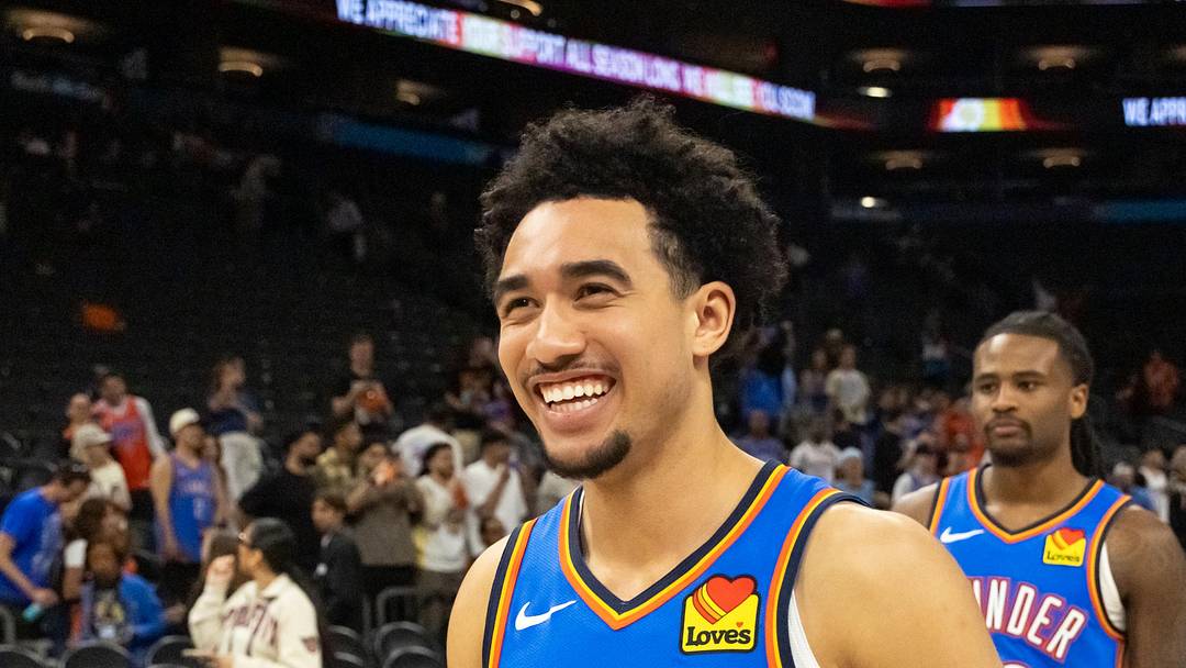 Apr 27, 2026; Phoenix, Arizona, USA; Oklahoma City Thunder guard Jared McCain (3) against the Phoenix Suns during game four of the first round of the 2026 NBA Playoffs at Mortgage Matchup Center. Mandatory Credit: Mark J. Rebilas-Imagn Images Apr 27, 2026; Phoenix, Arizona, USA; Oklahoma City Thunder guard Jared McCain (3) against the Phoenix Suns during game four of the first round of the 2026 NBA Playoffs at Mortgage Matchup Center. Mandatory Credit: Mark J. Rebilas-Imagn Images