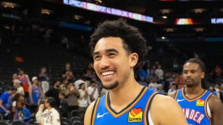 Apr 27, 2026; Phoenix, Arizona, USA; Oklahoma City Thunder guard Jared McCain (3) against the Phoenix Suns during game four of the first round of the 2026 NBA Playoffs at Mortgage Matchup Center. Mandatory Credit: Mark J. Rebilas-Imagn Images