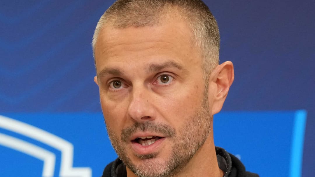 Feb 25, 2025; Indianapolis, IN, USA; Las Vegas Raiders general manager John Spytek speaks during the NFL Scouting Combine at the Indiana Convention Center. Mandatory Credit: Kirby Lee-Imagn Images
