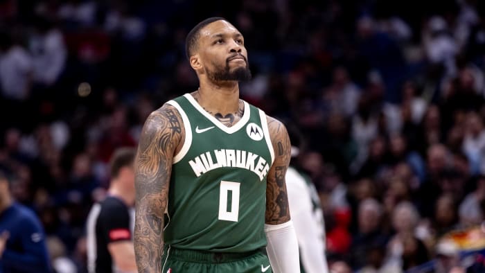 Mar 28, 2024; New Orleans, Louisiana, USA;  Milwaukee Bucks guard Damian Lillard (0) looks on