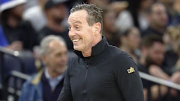 Feb 25, 2025; Orlando, Florida, USA;  Cleveland Cavaliers head coach Kenny Atkinson reacts during a game against the Orlando Magic during the first half at Kia Center. Mandatory Credit: Russell Lansford-Imagn Images