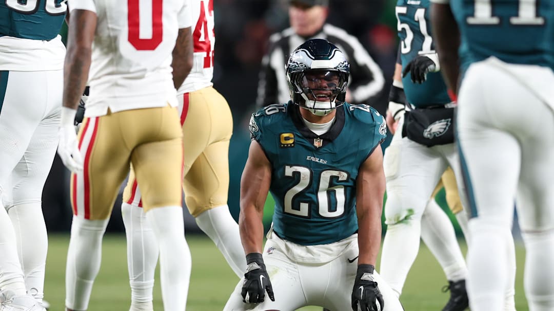 Jan 11, 2026; Philadelphia, PA, USA; Philadelphia Eagles running back Saquon Barkley (26) reacts after a play against the San Francisco 49ers during the second quarter in an NFC Wild Card Round game at Lincoln Financial Field. 