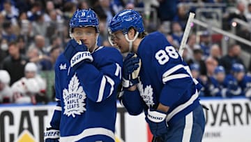 Apr 22, 2025; Toronto, Ontario, CAN;  Toronto Maple Leafs forward William Nylander (88) speaks to forward Max Domi (11) as they prepare for a faceoff against the Ottawa Senators in the third period in game two of the first round of the 2025 Stanley Cup Playoffs at Scotiabank Arena. Mandatory Credit: Dan Hamilton-Imagn Images