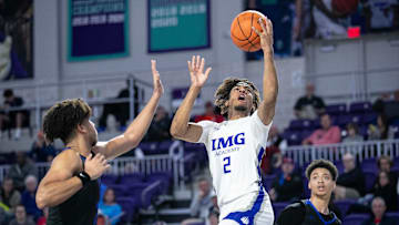 Amari Allen of IMG Academy goes up for a layup against Richmond Heights in the City of Palms Classic on Wednesday, Dec. 20, 2023, at Suncoast Credit Union Arena in Fort Myers.
