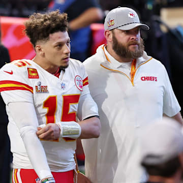 Patrick Mahomes walks off the field after the Super Bowl.