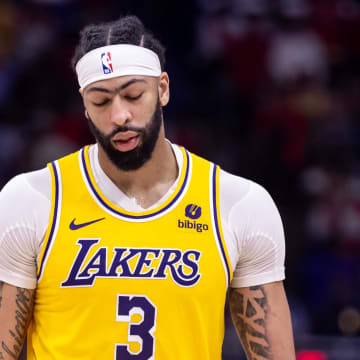 Apr 16, 2024; New Orleans, Louisiana, USA;  Los Angeles Lakers forward Anthony Davis (3) looks on against the New Orleans Pelicans during the second half of a play-in game of the 2024 NBA playoffs at Smoothie King Center. Mandatory Credit: Stephen Lew-USA TODAY Sports