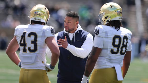 Marcus Freeman coaches up his team during the 2024 Spring Game