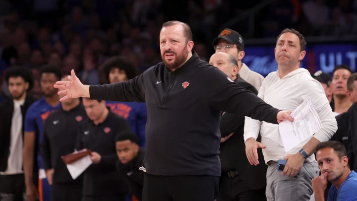 May 6, 2024; New York, New York, USA; New York Knicks head coach Tom Thibodeau coaches against the Indiana Pacers during the third quarter of game one of the second round of the 2024 NBA playoffs at Madison Square Garden. Mandatory Credit: Brad Penner-USA TODAY Sports