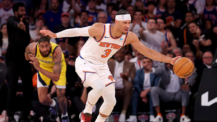 May 19, 2024; New York, New York, USA; New York Knicks guard Josh Hart (3) brings the ball up court against Indiana Pacers forward Obi Toppin (1) during the third quarter of game seven of the second round of the 2024 NBA playoffs at Madison Square Garden. Mandatory Credit: Brad Penner-Imagn Images