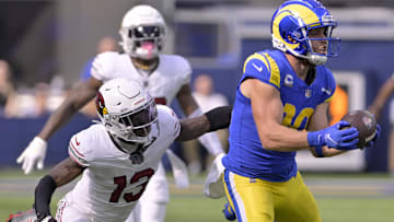 Oct 15, 2023; Inglewood, California, USA; Los Angeles Rams wide receiver Cooper Kupp (10) pulls in a