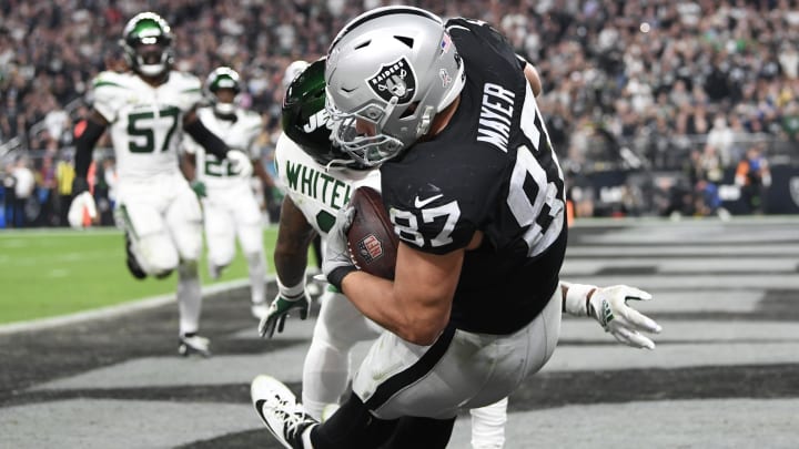 Nov 12, 2023; Paradise, Nevada, USA; Las Vegas Raiders tight end Michael Mayer (87) scores a touchdown against the New York Jets in the fourth quarter at Allegiant Stadium. Mandatory Credit: Candice Ward-USA TODAY Sports