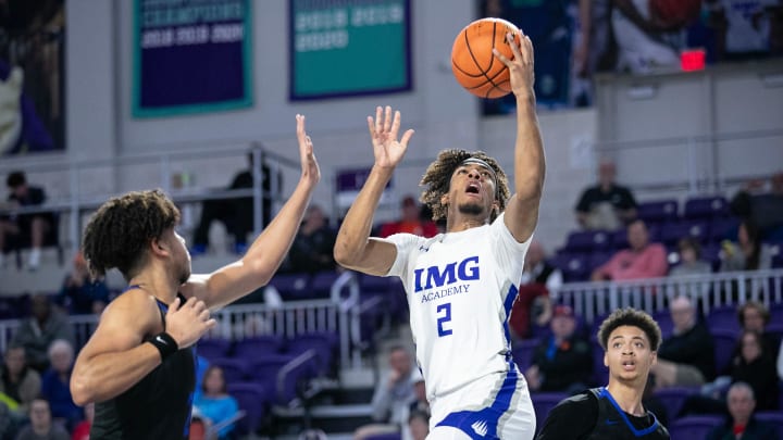 Amari Allen of IMG Academy goes up for a layup against Richmond Heights in the City of Palms Classic on Wednesday, Dec. 20, 2023, at Suncoast Credit Union Arena in Fort Myers.