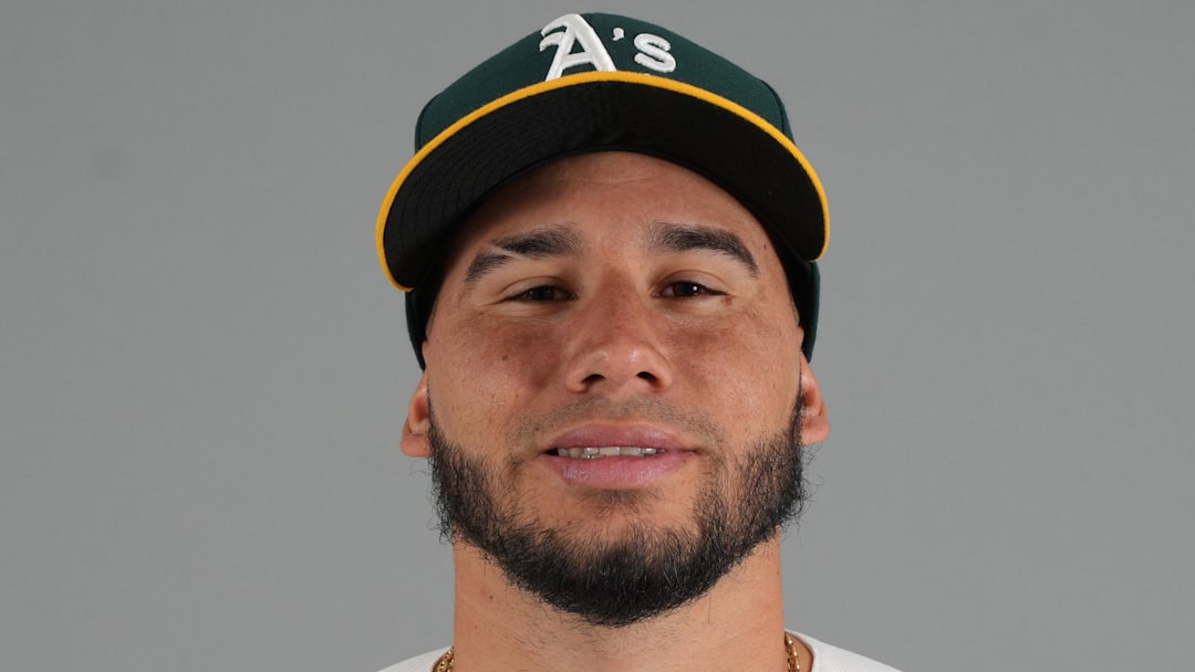 Feb 20, 2026; Mesa, AZ, USA; Athletics pitcher Gustavo Rodriguez (89) poses for Photo Day at HoHoKam Stadium. Mandatory Credit: Rick Scuteri-Imagn Images