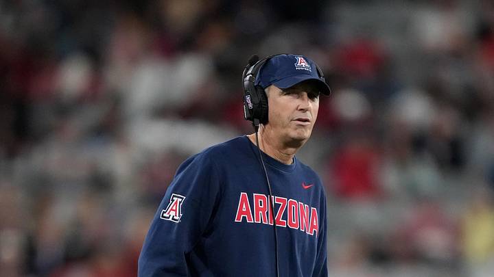 Jan 2, 2026; San Diego, CA, USA; Arizona Wildcats head coach Brent Brennan reacts against the SMU Mustangs in the first half during the Holiday Bowl at Snapdragon Stadium. Mandatory Credit: Kirby Lee-Imagn Images
