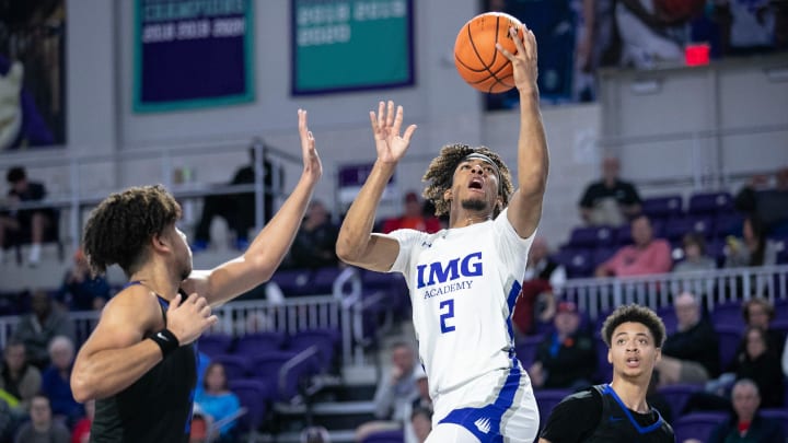 Amari Allen of IMG Academy goes up for a layup against Richmond Heights in the City of Palms Classic on Wednesday, Dec. 20, 2023, at Suncoast Credit Union Arena in Fort Myers.