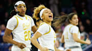 Notre Dame guard Hannah Hidalgo, center, celebrates making a three point shot during a NCAA women's basketball game between No. 1 Notre Dame and No. 11 Duke at Purcell Pavilion on Monday, Feb. 17, 2025, in South Bend.