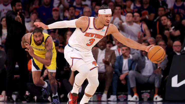 May 19, 2024; New York, New York, USA; New York Knicks guard Josh Hart (3) brings the ball up court against Indiana Pacers forward Obi Toppin (1) during the third quarter of game seven of the second round of the 2024 NBA playoffs at Madison Square Garden. Mandatory Credit: Brad Penner-USA TODAY Sports