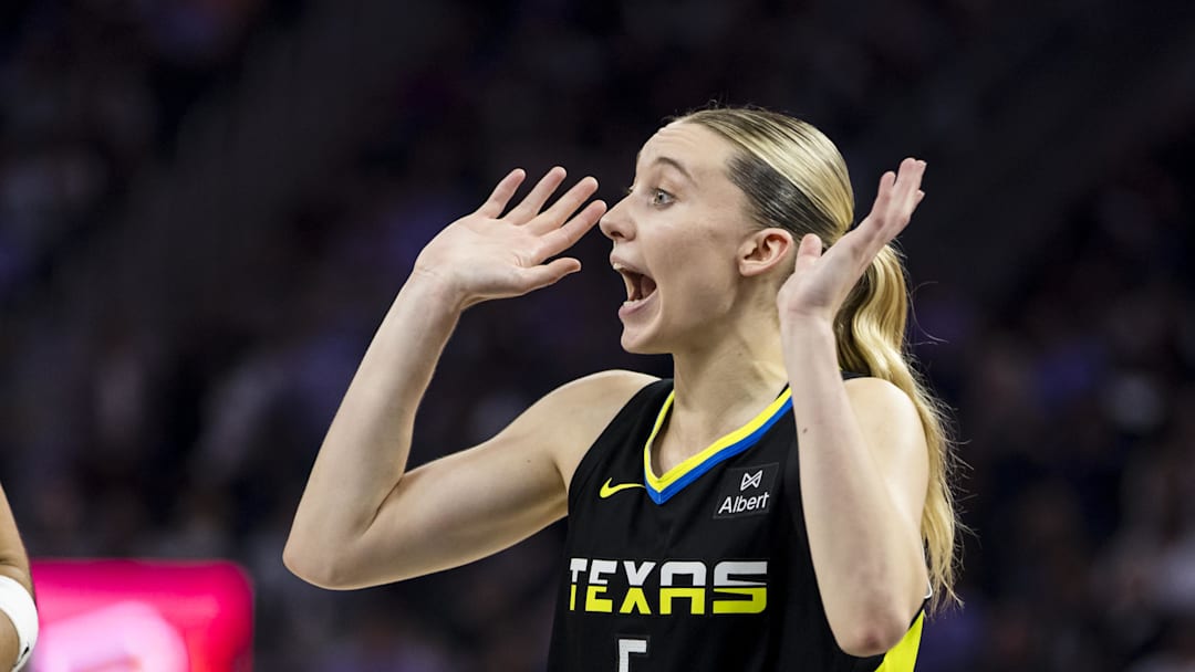 Sep 4, 2025; San Francisco, California, USA;  Dallas Wings guard Paige Bueckers (5) reacts during the second quarter against the Golden State Valkyries at Chase Center. Mandatory Credit: John Hefti-Imagn Images
